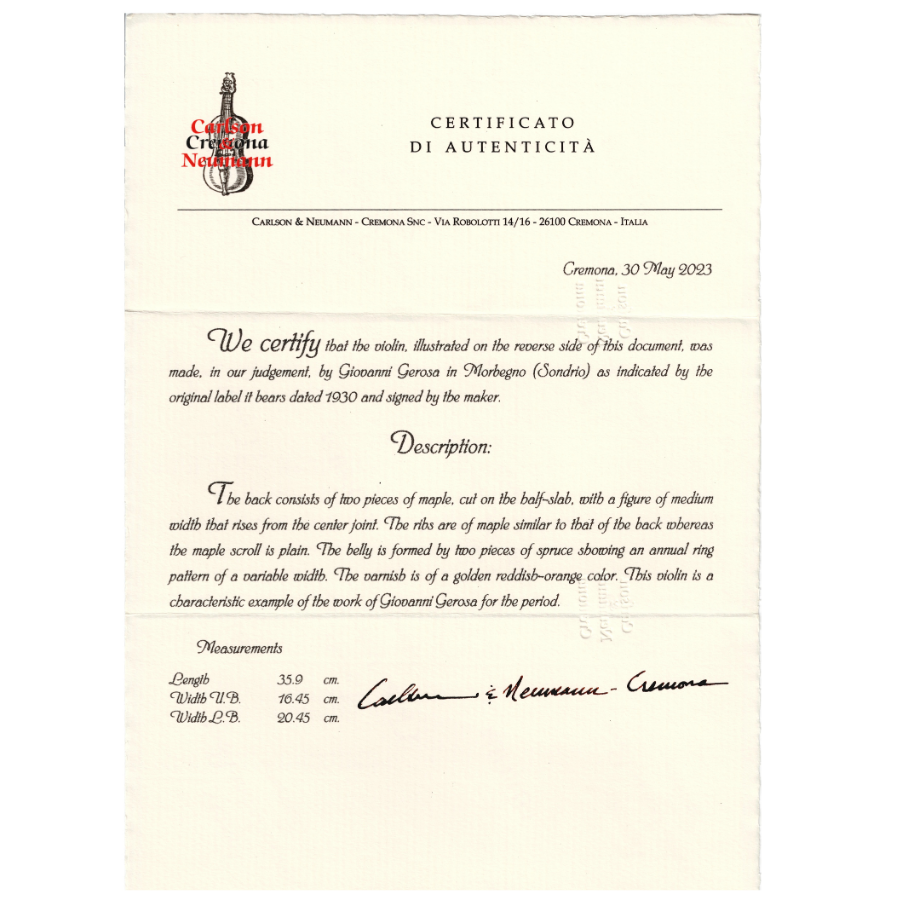 Fine Italian Violin by Ioannes Gerosa (Giovanni Gerosa), Circa 1930