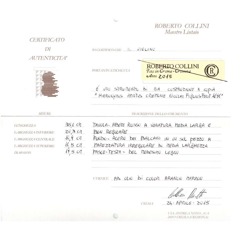 Cremonese Modern Italian Violin by Roberto Collini